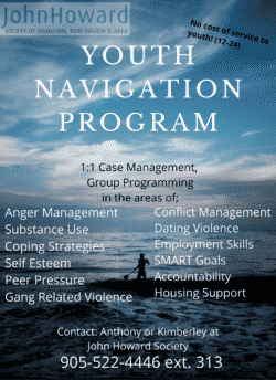 JHS hamilton and burlington youth navigation program flyer with a paddleboarder in a lake
