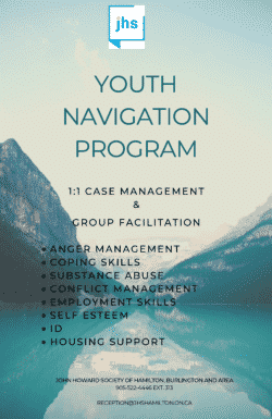 JHS hamilton and burlington youth navigation program flyer with a lake surrounded by mountains
