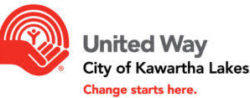 United way city of kawartha lakes logo with a person standing in a red hand with an arc of red lines above him