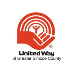 United way of greater simcoe county logo with a person standing in a red hand with an arc of red lines above him