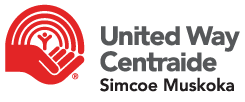 United way Simcoe Muskoka logo with a person standing in a red hand with an arc of red lines above him