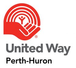 United way Perth-huron logo with a person standing in a red hand with an arc of red lines above him