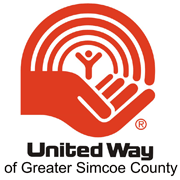 United way of greater simcoe county logo with a person standing in a red hand with an arc of red lines above him