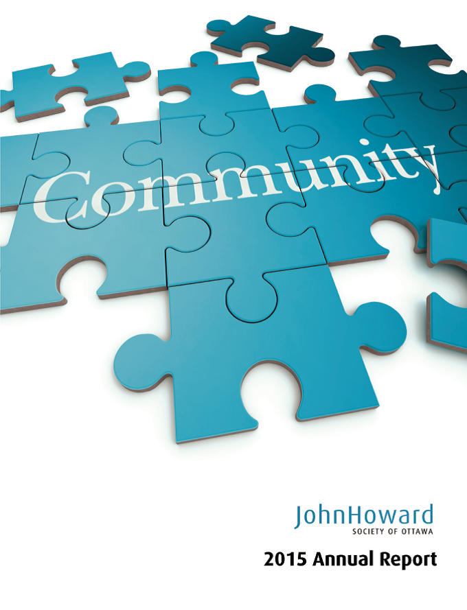 Cover of JHS ottawa 2015 annual report with blue puzzle pieces illustrating the word community