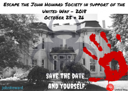 Save the date in support of the united way with a bio hazard logo and red hand print over a house