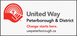United way Peterborough and district logo with a person standing in a red hand with an arc of red lines above him