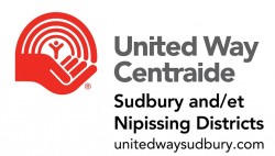 United way centraide logo with a person standing in a red hand with an arc of red lines above him