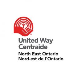 United way centraide logo with a person standing in a red hand with an arc of red lines above him