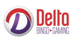 Delta bingo and gaming logo with a purple and red D in a white sphere