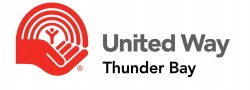 United way thunder bay logo with a person standing in a red hand with an arc of red lines above him