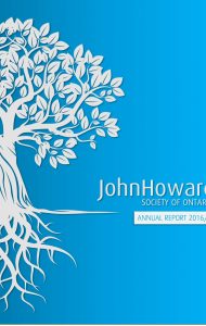 Cover of JHSO annual report 2016/17 with a large white tree and its roots