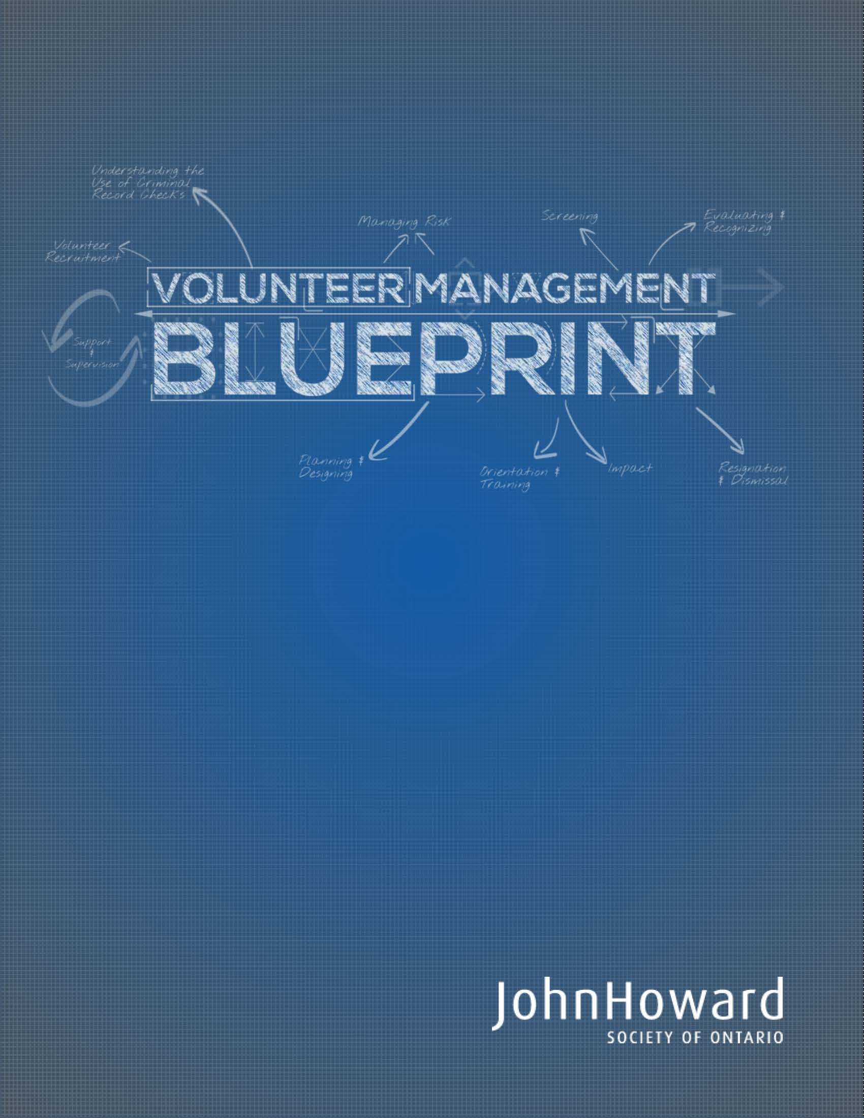 Cover of volunteer management blueprint report with faint white arrows coming from the title