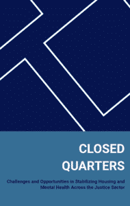 Cover of Closed Quarters report with blue background and thin white squares