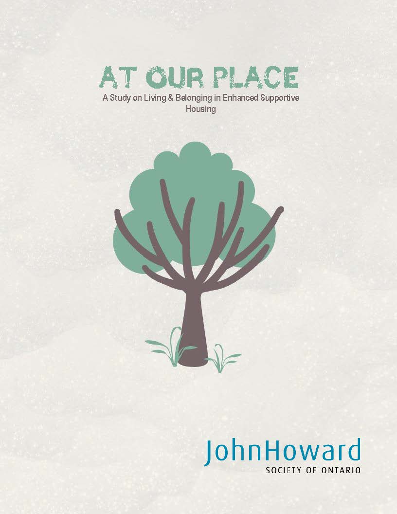 Cover of at our place report with a simple green tree with a brown trunk and branches