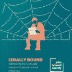 Cover of JHSO Legally Bound report with an orange man sitting on a web while reading an eviction notice