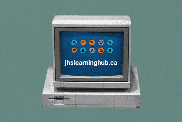 Image of computer with circular icons and "jhslearninghub.ca" text