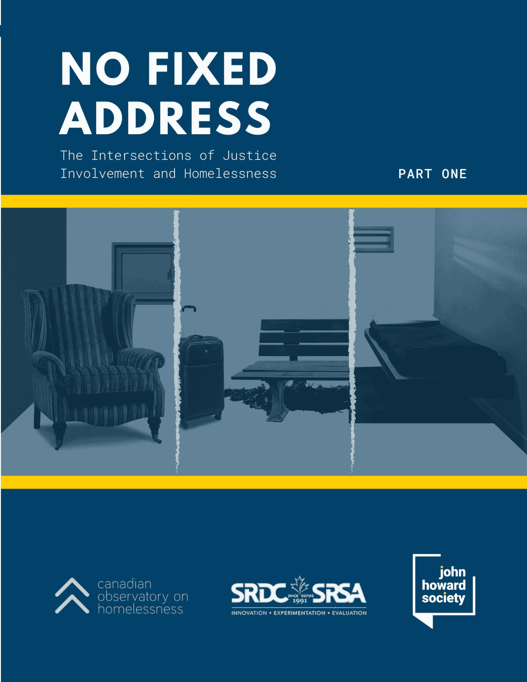 Report cover with 3 images of empty couch, empty bench and empty jail cell.